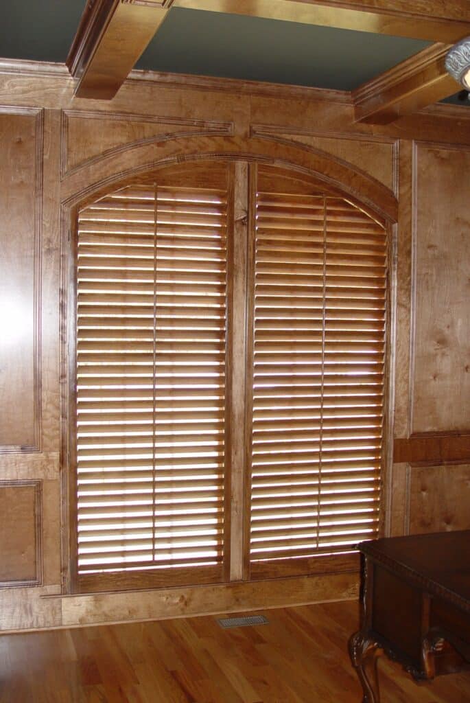 Lazy Arch Shutters in Natural Wood Stain