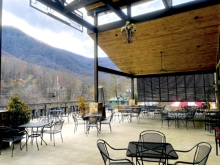 Burntshirt Bistro Bahama Shutters | Chimney Rock, NC Burntshirt Bistro Bahama shutters on outdoor patio