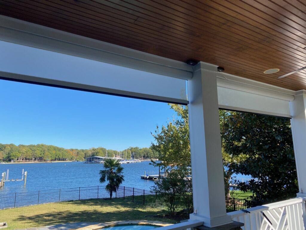 Outdoor Motorized Screen with Cable Guides on Lake Norman