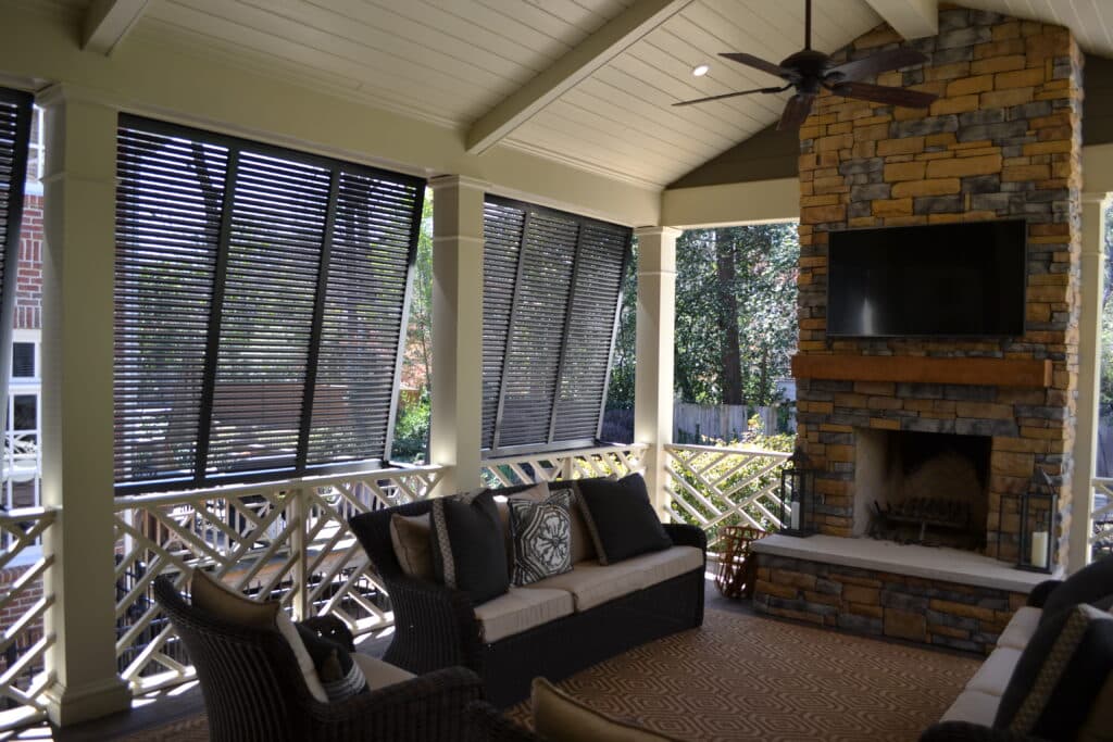 Exterior Bahama shutters from inside a porch | Project in Atlanta, GA